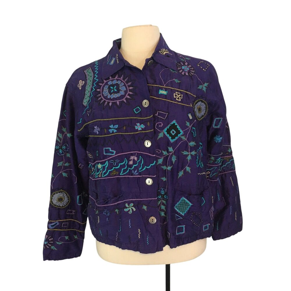 Chico's Design Womens Purple Teal Embroidered Boho Silk Jacket Blazer 1, 40 bust